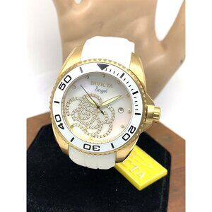 Invicta Women's Watch 0488 Angel Quartz Mother of Pearl Gold White Rubber Strap
